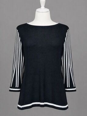 Ann Taylor Black Knit Sweater Top White Stripe Flare Sleeves Size L